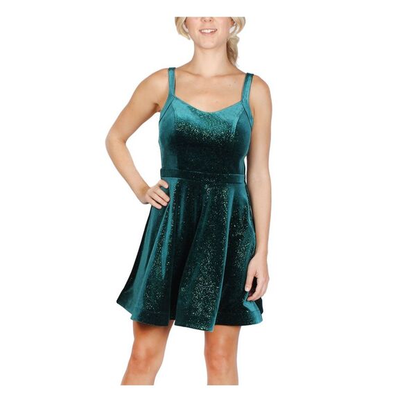 CRYSTAL DOLLS Womens Green Sparkled Velvet Strappy-back Sleeveless Short Dress M - Picture 1 of 2